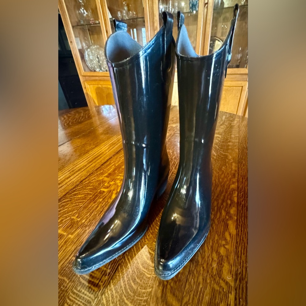 Black Glossy Cowboy Rubber Rain Boots